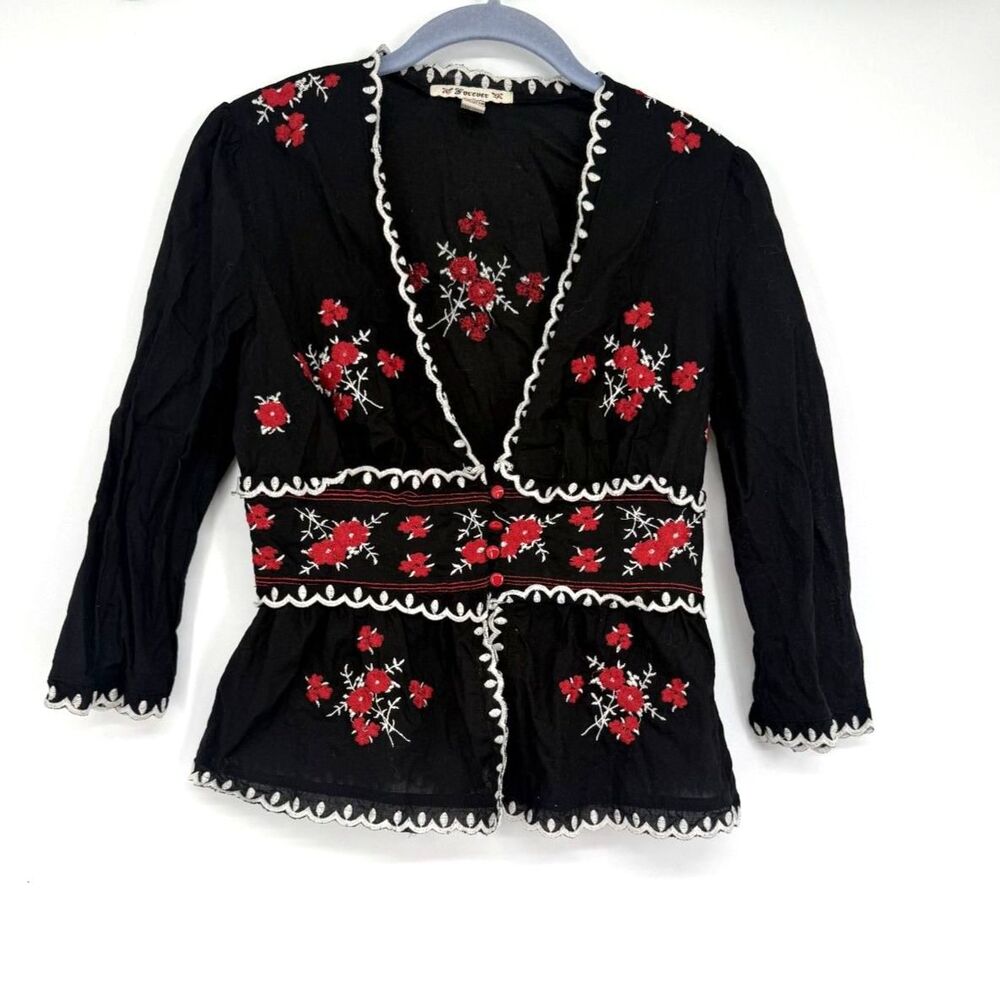 Forever 21 Y2K Embroidered Boho Black Top Size M